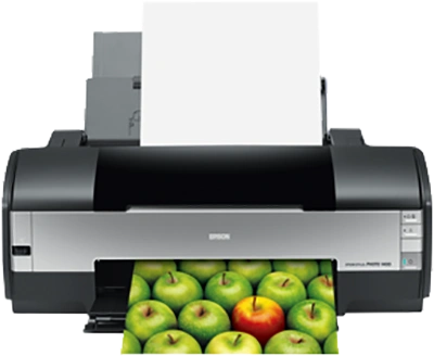 Epson Stylus Photo 1400 Printer Printing Picture of Green Apples with one Red apple close to center