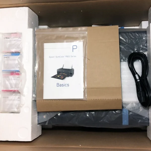 Epson SureColor SC-P800 Printer wrapped in box with ink and pamphlets