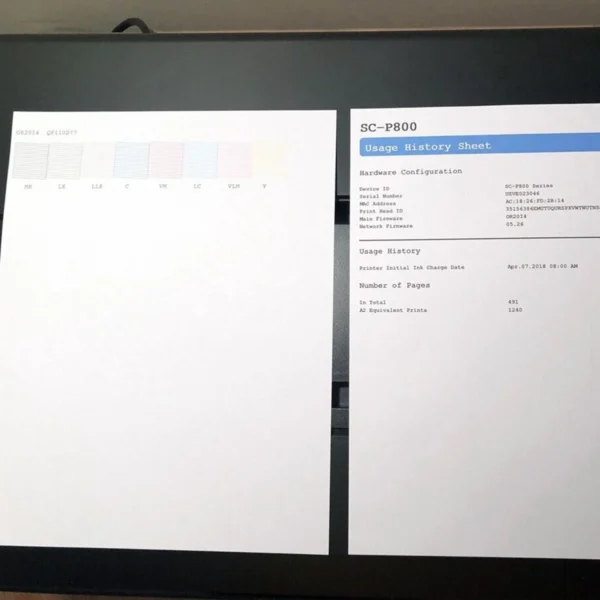 Epson SureColor SC-P800 Printer with Nozzle Check and Usage History Sheet Results