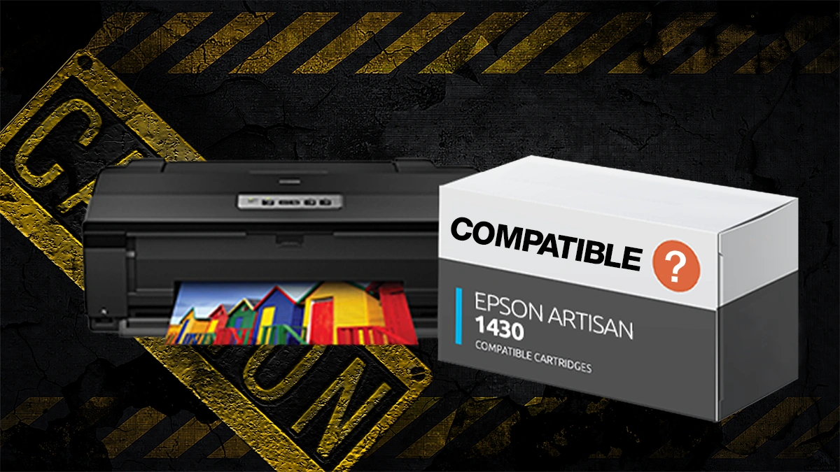 Epson Artisan 1430 Printer Next To Compatible Ink Box Behind Caution Sign